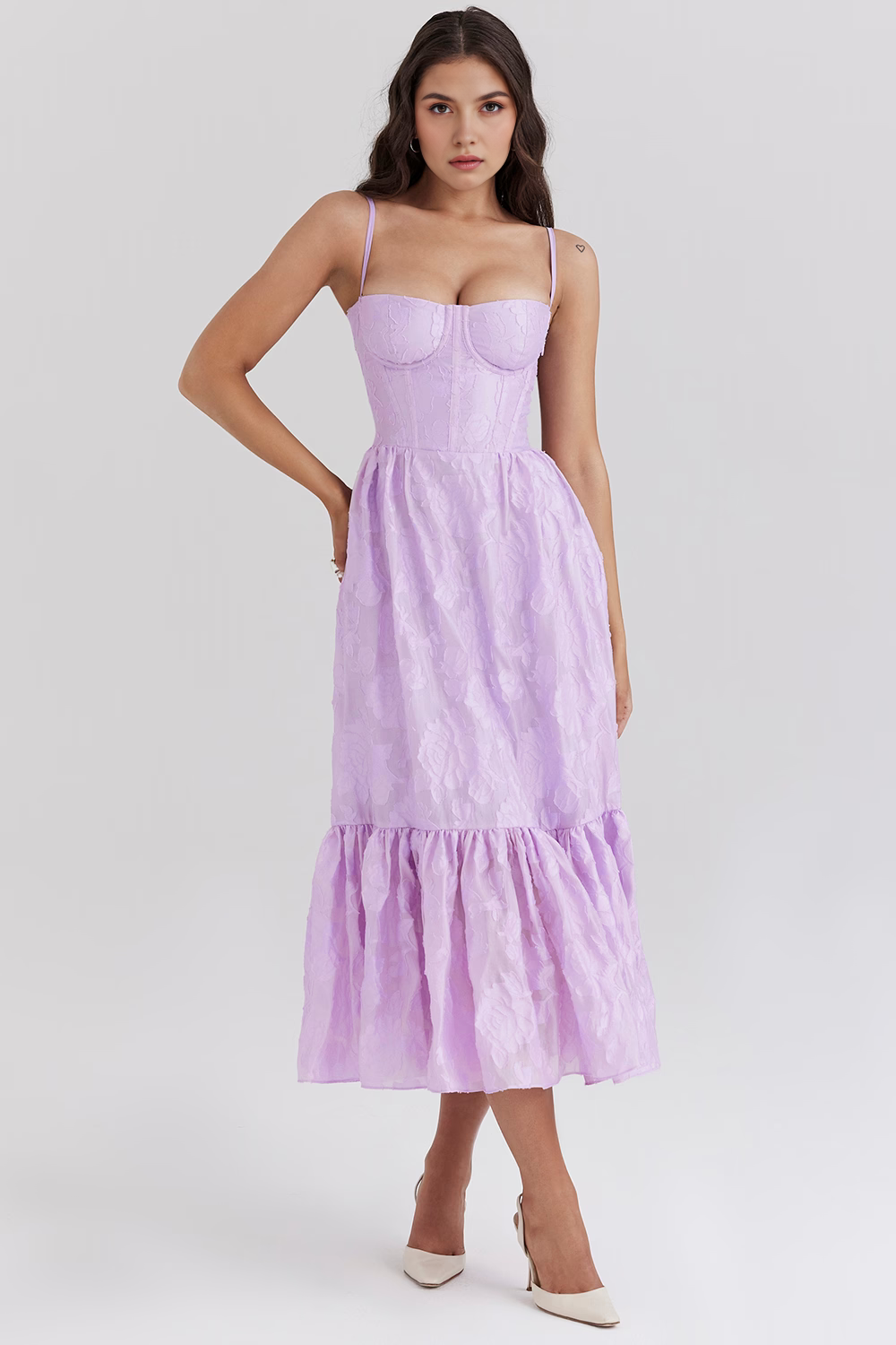 Floral Bustier Midi Dress for Women – Elegant Fit for Parties, Weddings & Special Events | Lilac