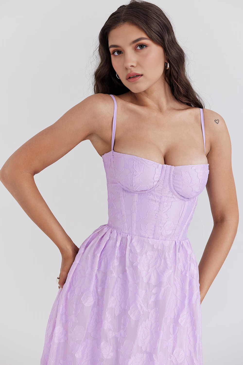 Floral Bustier Midi Dress for Women – Elegant Fit for Parties, Weddings & Special Events | Lilac