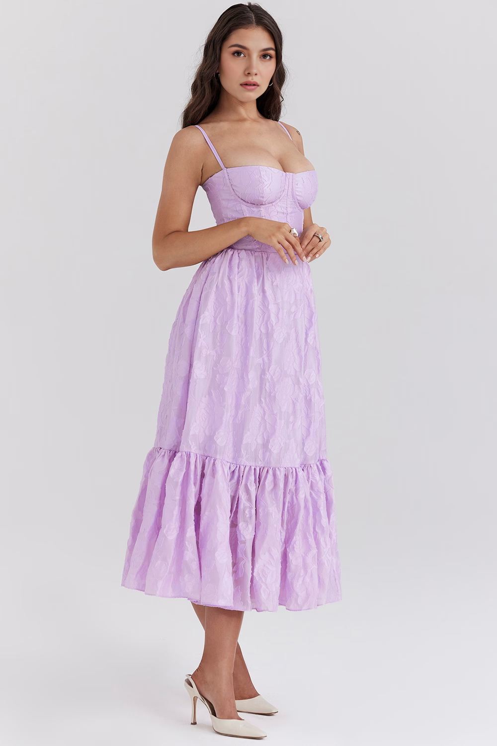 Floral Bustier Midi Dress for Women – Elegant Fit for Parties, Weddings & Special Events | Lilac
