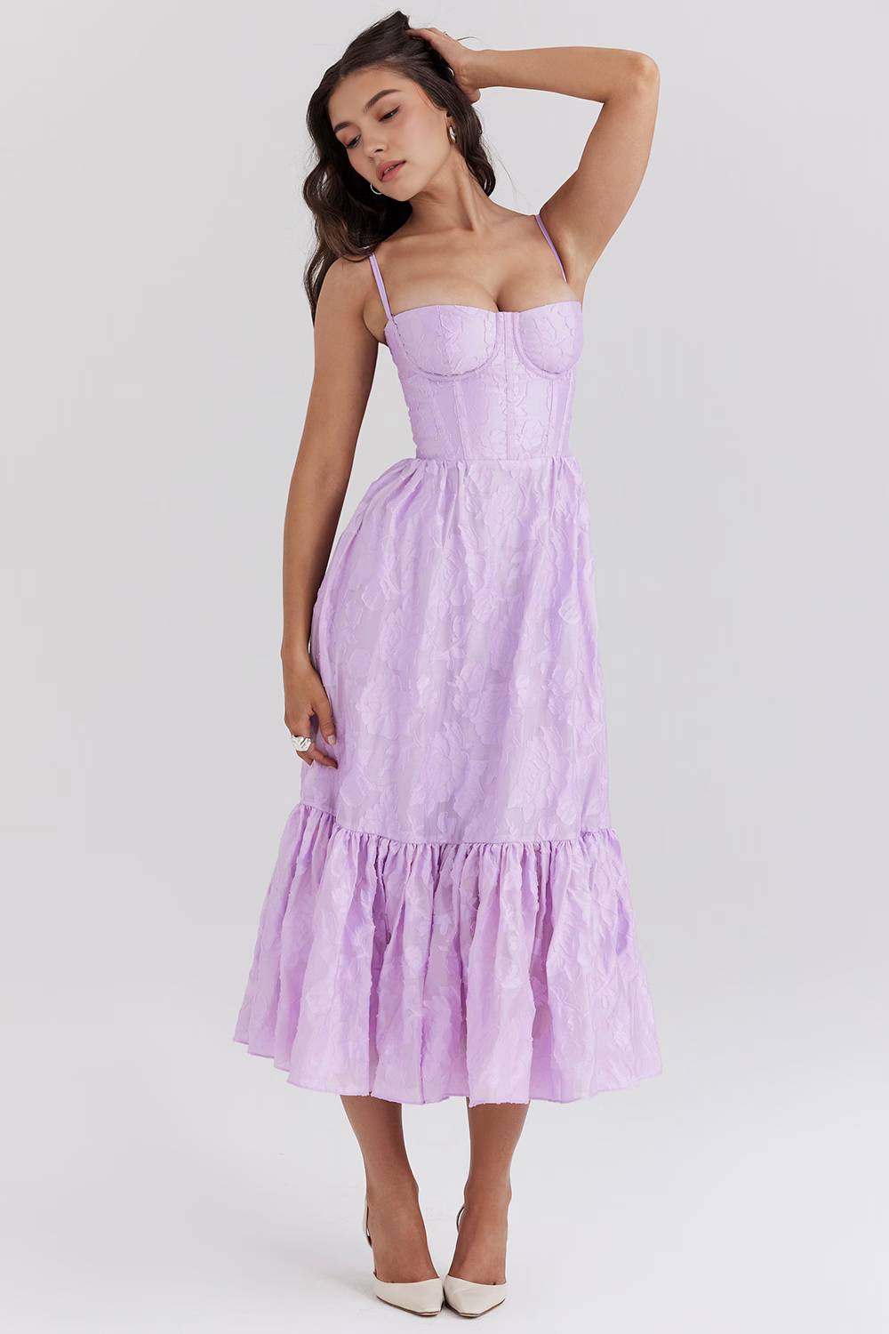 Floral Bustier Midi Dress for Women – Elegant Fit for Parties, Weddings & Special Events | Lilac