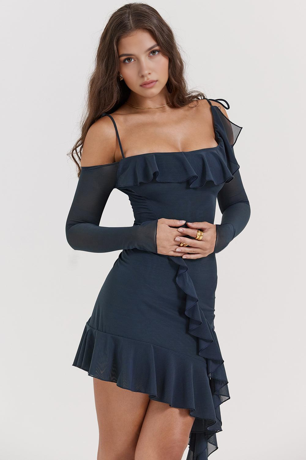 Women's Off Shoulder Ruffle Mini Dress – Bodycon Evening Party Dress for Summer & Nights Out | Navy Blue