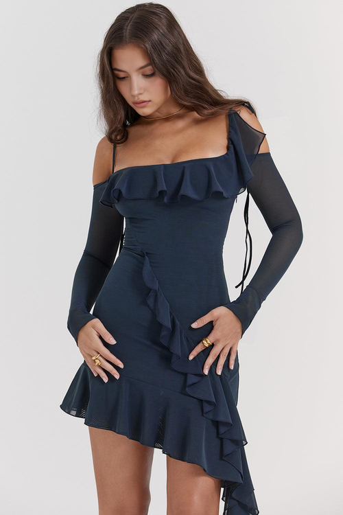 Women's Off Shoulder Ruffle Mini Dress – Bodycon Evening Party Dress for Summer & Nights Out | Navy Blue