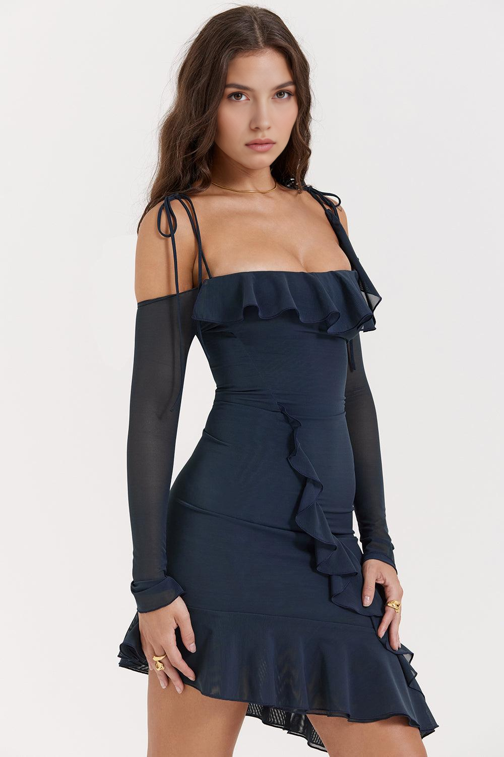 Women's Off Shoulder Ruffle Mini Dress – Bodycon Evening Party Dress for Summer & Nights Out | Navy Blue