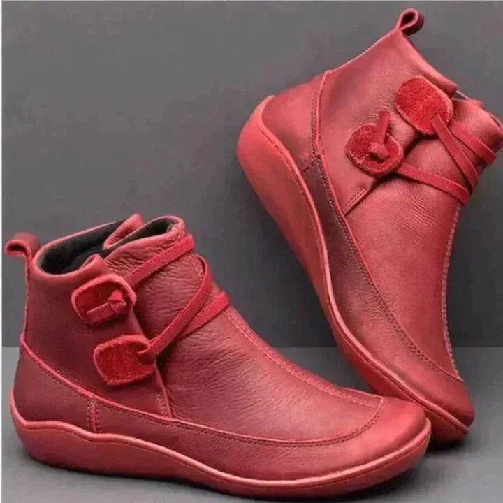Orthopaedic Women's Mid-Top Leather Boots with Supportive Buckle Strap Red