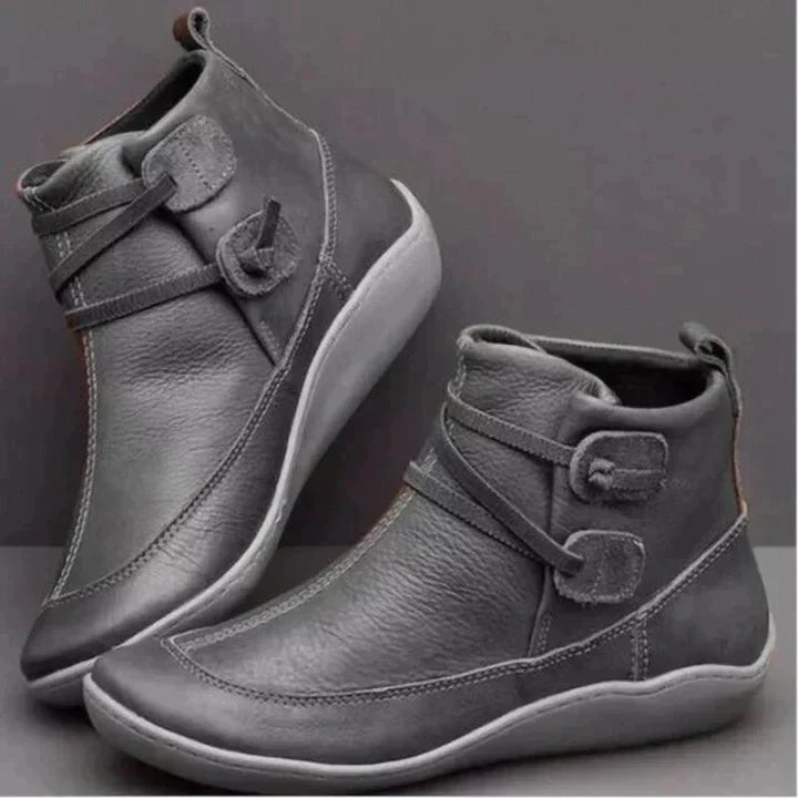 Orthopaedic Women's Mid-Top Leather Boots with Supportive Buckle Strap Grey