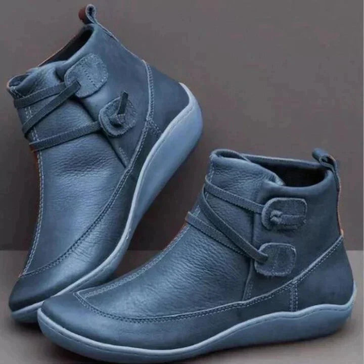 Orthopaedic Women's Mid-Top Leather Boots with Supportive Buckle Strap Blue
